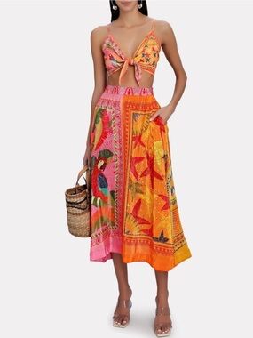 Farm Rio Mixed Scarves Tie Front Crop Top L